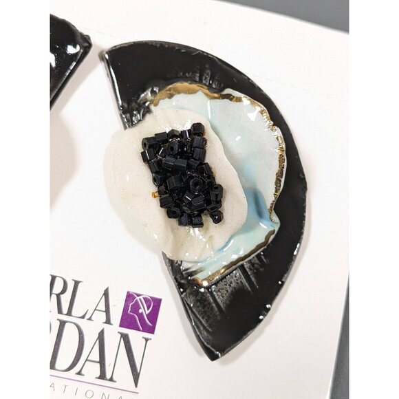 Vintage Karla Jordan Black White Blue Crescent Porcelain 3D Pierced Earrings - Picture 2 of 8